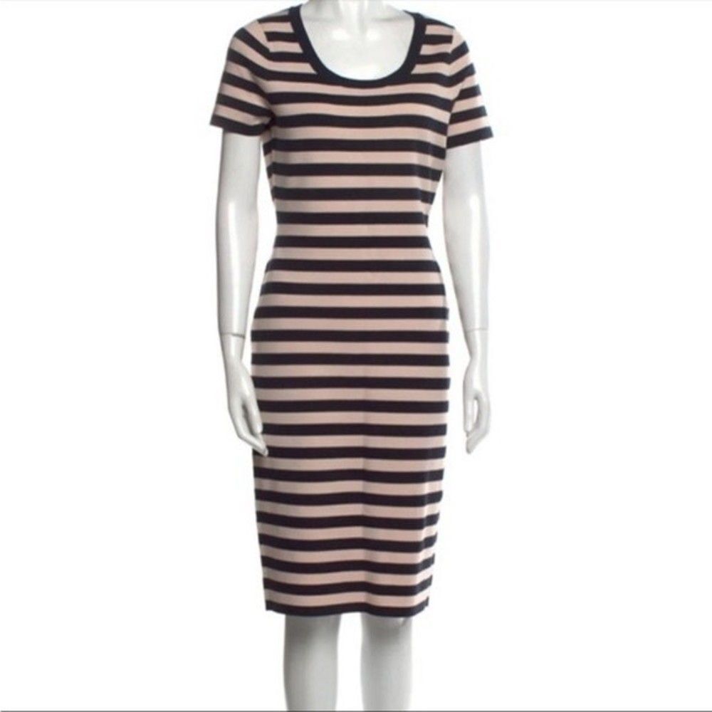 Grey By Jason Wu Black Cream Striped Short Sleeve Scoop Neck Knee Length Dress M